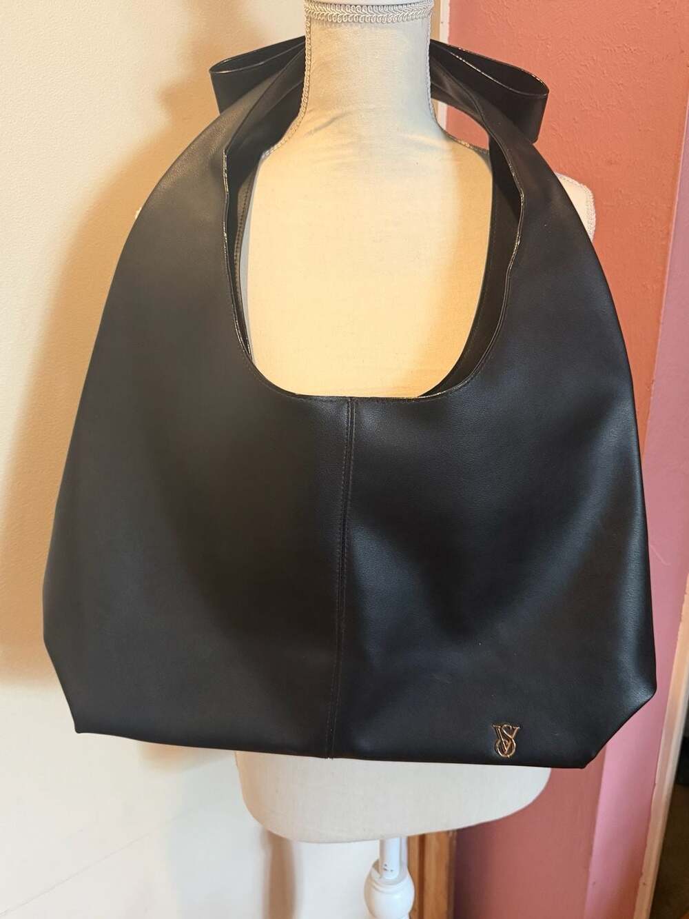 Victoria's Secret Black Faux Leather Bow Tote Hobo Shoulder Bag